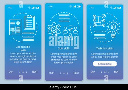 Skills blue gradient onboarding mobile app page screen vector template. Professional qualities walkthrough website steps with linear illustrations. UX Stock Vector