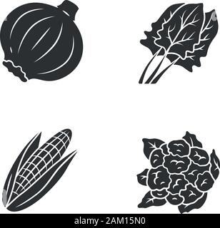 Vegetables glyph icon. Cauliflower, onion, corn, spinach. Vitamin and diet. Healthy nutrition. Salad ingredient. Silhouette symbol. Negative space. Ve Stock Vector
