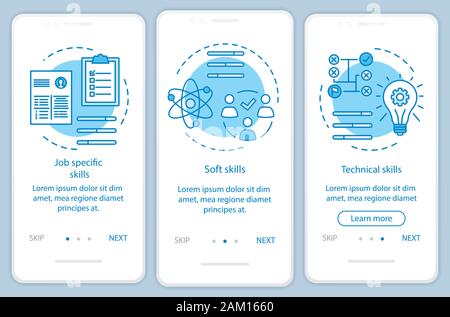 Skills blue onboarding mobile app page screen vector template. Employee abilities, hard skills walkthrough website steps with linear illustrations. UX Stock Vector