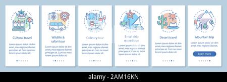 Travel experiences onboarding mobile app page screen with linear concepts. Cultural and desert travel. Six walkthrough steps graphic instructions. UX, Stock Vector
