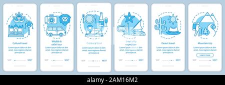 Travel experiences onboarding mobile app page screen with linear concepts. Six walkthrough steps graphic instructions. Cultural and desert travel. UX, Stock Vector