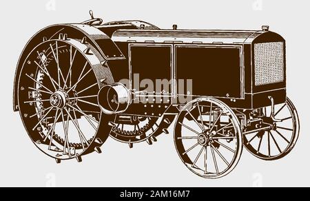 Historical solid tractor in quarter front view. Illustration after an engraving from the early 20th century Stock Vector