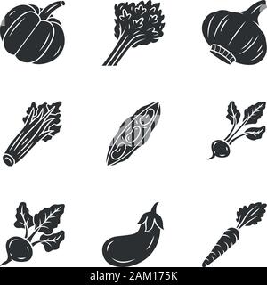 Vegetables glyph icon. Pumpkin, beet, corn, tomato, pepper. Vitamin and diet. Healthy nutrition. Salad ingredient. Silhouette symbol. Negative space. Stock Vector
