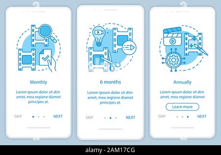 Video editor subscription onboarding mobile app page screen with linear concepts. Three walkthrough steps graphic instructions. Monthly, annually tari Stock Vector