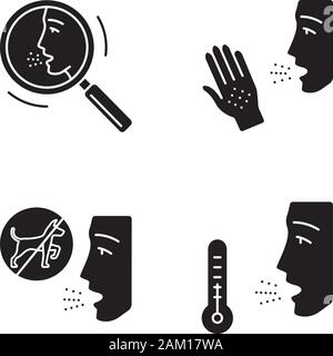 Allergies glyph icons set. Allergic reactions, diagnosis. Respiratory, skin diseases. Health care. Hypersensitivity of immune system. Medical problem. Stock Vector