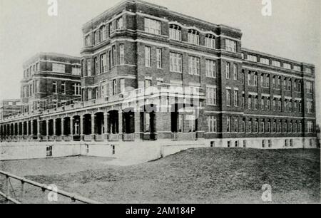 The American hospital of the twentieth century; a treatise on the development of medical institutions, both in Europe and in America, since the beginning of the present century . ooms on either side of a wide cor-ridor. The upper three stories providefor a ward on each of proper width foradministration. This allows for two largeairing balconies on the fourth floor, overthe roof of the third-story private rooms. In this plan, also, the utilities aregrouped in the center, with a fresh aircut-off between them and the maintwenty-two-bed ward. At the end of thelarge wards toilet rooms are provided, Stock Photo