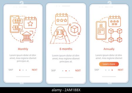 AR tool subscription onboarding mobile app page screen with linear concepts. 6 months tariff. Three walkthrough steps graphic instructions. UX, UI, GU Stock Vector