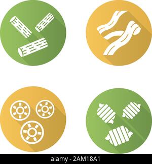 Pasta noodles types flat design long shadow glyph icons set. Mediterranean macaroni. Rigatoni, pappardelle, rotelle, riccioli. Italian food. Unleavene Stock Vector