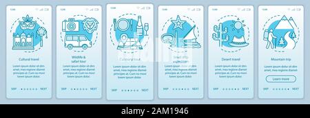 Travel experiences onboarding mobile app page screen vector template. Walkthrough website steps with linear illustrations. Cultural and desert travel. Stock Vector