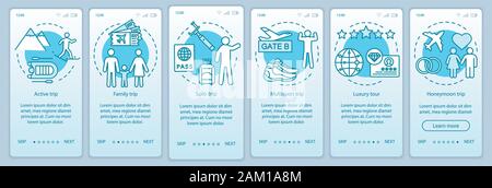 Travel styles onboarding mobile app page screen vector template. Solo trip. Luxury and multisport tour. Walkthrough website steps with linear illustra Stock Vector