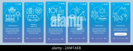 Travel experiences onboarding mobile app page screen vector template. Cultural and desert travel. Walkthrough website steps with linear illustrations. Stock Vector