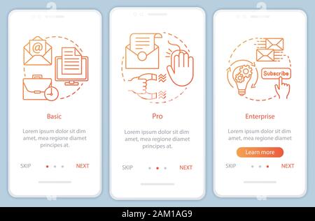 Email marketing subscription onboarding mobile app page screen with linear concepts. Enterprise tariff. Three walkthrough steps graphic instructions. Stock Vector