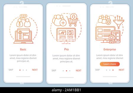 Digital marketing tools subscription onboarding mobile app page screen, linear concepts. Enterprise tariffs. Three walkthrough steps graphic instructi Stock Vector