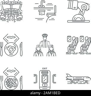 Aviation services linear icons set. Aircrew, airplane comfortable seating. Passengers at plane salon. Aircraft travel. Thin line contour symbols. Isol Stock Vector