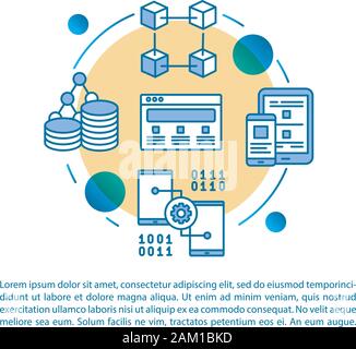 Cross platform app testing article page vector template. Technology brochure, magazine, booklet design element with linear icons and text boxes. Print Stock Vector