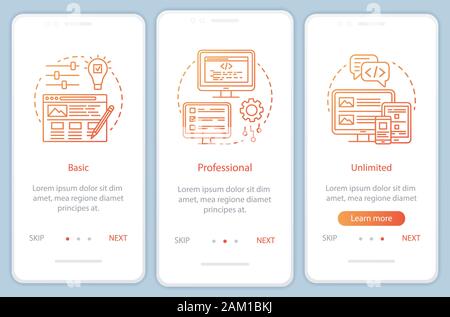 Website builder pricing onboarding mobile app page screen with linear concepts. Basic, unlimited tariffs. Three walkthrough steps graphic instructions Stock Vector