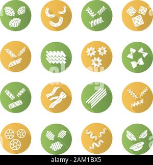 Pasta noodles flat design long shadow glyph icons set. Italian macaroni. Shaped and dried unleavened dough products. Assortment of dry flour groceries Stock Vector