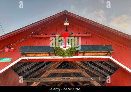 Creamery Covered Bridge in West Brattleboro, Vermont during the winter. Stock Photo