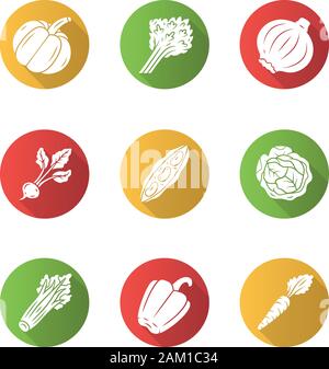 Vegetables flat design long shadow glyph icons set. Pumpkin, onion, carrot, cabbage, pepper. Vitamin and diet. Healthy nutrition. Vegan food. Vector s Stock Vector