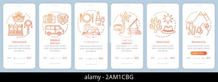 Travel experiences onboarding mobile app page screen with linear concepts. Culinary trip. Six walkthrough steps graphic instructions. Desert travel. U Stock Vector