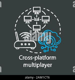 Cross platform multiplayer chalk concept icon. Internet connection, online gaming idea thin line chalkboard illustration. Router, wireless technology, Stock Vector