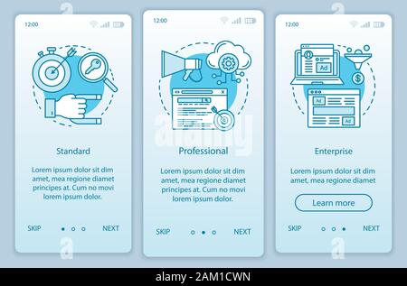 CRM subscription onboarding mobile app page screen vector template. Standard or professional tariffs. Walkthrough website steps with linear illustrati Stock Vector
