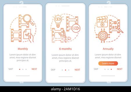 Video editor subscription onboarding mobile app page screen with linear concepts. 6 months tariffs. Three walkthrough steps graphic instructions. UX, Stock Vector
