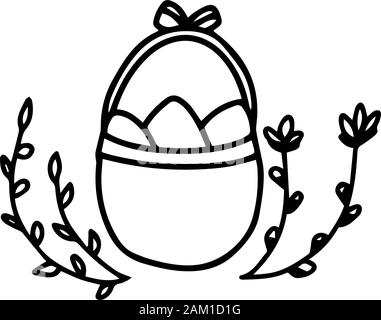 Easter eggs in a basket with a bow near Willow twigs. Vector outline doodle illustration. Hand drawn doodle art for design kind coloring book, holiday Stock Vector