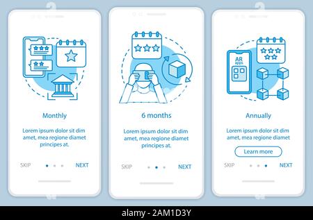 AR tool subscription onboarding mobile app page screen with linear concepts. Three walkthrough steps graphic instructions. Monthly or annually tariffs Stock Vector