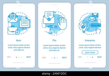Email marketing subscription onboarding mobile app page screen with linear concepts. Three walkthrough steps graphic instructions. Basic or pro tariff Stock Vector