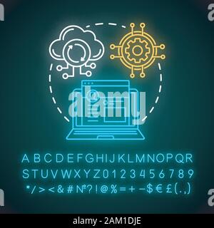 Digital platform neon light concept icon. Online network, communication app idea. Glowing sign with alphabet, numbers and symbols. Social media, cloud Stock Vector