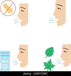 Allergies flat design long shadow color icons set. Peanut, milk, dust, mold intolerance. Causes and symptoms of allergic diseases. Hypersensitivity of Stock Vector