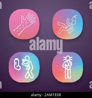 Infection, allergy symptoms app icons set. Skin rash allergic reaction. Asthma, bronchitis. UI/UX user interface. Dizziness, fainting. Web or mobile a Stock Vector