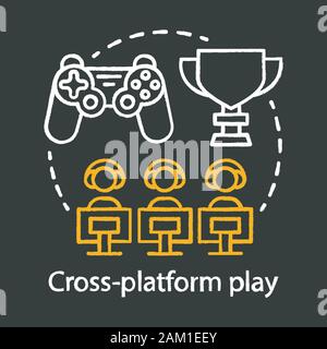 Cross platform play, video game chalk concept icon. Multiplayer, remote connection idea thin line chalkboard illustration. Esports competition, online Stock Vector