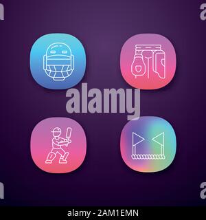 Cricket championship app icons set. Sport tournament. Helmet, thigh guard, batsman, boundary rope. Bat and ball game. UI/UX user interface. Web or mob Stock Vector