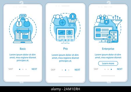 Digital marketing tools subscription onboarding mobile app page screen with linear concepts. Three walkthrough steps graphic instructions. Basic tarif Stock Vector