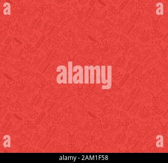 Food vector seamless pattern. Cuisine, fast food cafe wallpaper with gastronomy icons. Red, ruby color texture. Decorative textile, wrapping paper des Stock Vector