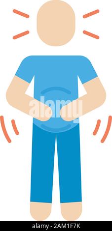 Abdominal pain flat design long shadow color icon. Stomach ache, spasm. Period, menstrual cramps. Food poisoning, allergy symptom. Chronic gastritis, Stock Vector