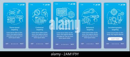 Targeting types blue gradient onboarding mobile app page screen vector template. Targeted advertising   walkthrough website steps with linear illustra Stock Vector
