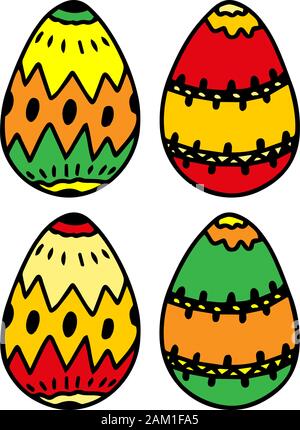 Bright multi-colored eggs in doodle style isolated on white background. Set of cartoon color eggs for Easter. Vector black contour illustration for pr Stock Vector