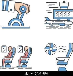 Aviation services color icons set. Plane conditioning system. Airplane comfortable seating. Passengers at salon. Aircraft travel. Journey amenity. Air Stock Vector
