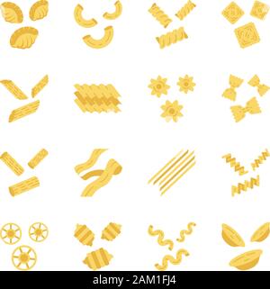 Pasta noodles flat design long shadow color icons set. Italian macaroni. Shaped and dried dough products. Assortment of dry flour groceries. Types of Stock Vector