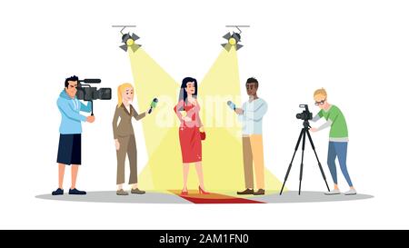 Journalists interviewing movie star, actor, celebrity flat illustration. Paparazzi, reporters, correspondents isolated cartoon characters. Mass media, Stock Vector