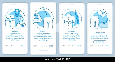 Plastic surgery center services onboarding mobile app page screen with linear concepts. Fat reduction. Four walkthrough steps graphic instructions. UX Stock Vector