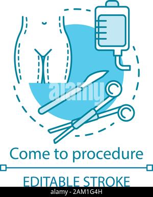 Come to procedure concept icon. Medical care idea thin line illustration. Plastic surgery. Medical instruments. Body contouring operation. Vector isol Stock Vector