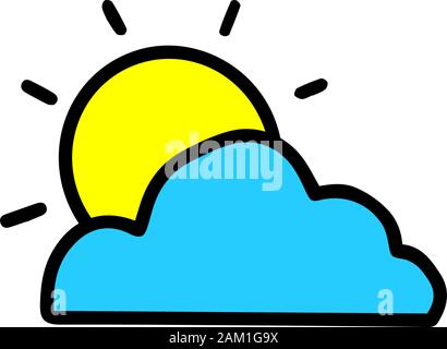 Yellow bright sun sets behind a blue cloud. Vector doodle outline illustration isolated on white background. Cartoon design for kinds print, Logotype, Stock Vector