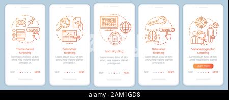 Targeting types orange gradient onboarding mobile app page screen vector template. Targeted advertising walkthrough website steps with linear illustra Stock Vector