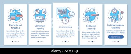 Targeting types onboarding mobile app page screen with linear concepts. Human based targeted advertising walkthrough steps graphic instructions. UX, U Stock Vector