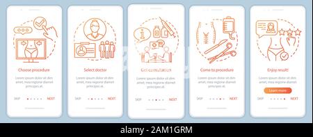 Plastic surgery center visit onboarding mobile app page screen vector template. Doctor consultation. Walkthrough website steps with linear illustratio Stock Vector