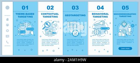 Targeting types onboarding mobile web pages vector template. Responsive smartphone website interface idea with linear illustrations. Webpage walkthrou Stock Vector